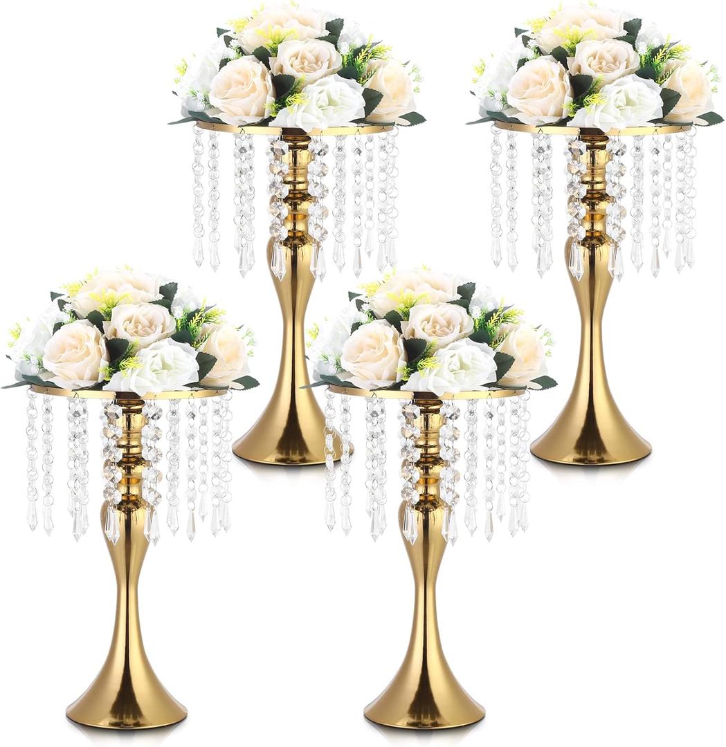 4 Pcs Gold Vases for Centerpieces, 13.5 inch Tall Crystal Flower Stand Wedding Centerpieces for Tables Decorative Metal Flower Vase for Party Anniversary Ceremony Birthday Event Home Decor