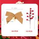 24 Pcs Velvet Bows for Christmas Tree with 12 Branch Artificial Red Berry,Vintage Velvet Ornaments Ribbon Bows for Tree Garland Wreath Xmas Decorations (Brown)