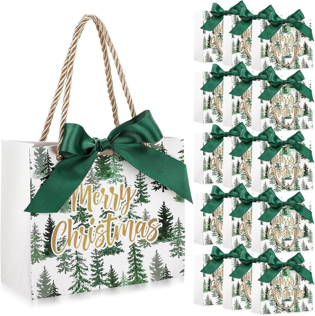 Moinchore 40 Pack Small Christmas Paper Bags with Handles Christmas Goodie Gift Bags with Bow Ribbon 5.5 x 2.4 x 4.7 Inches Xmas Candy Goodies Mini Sack(Watercolor,Xmas Tree)