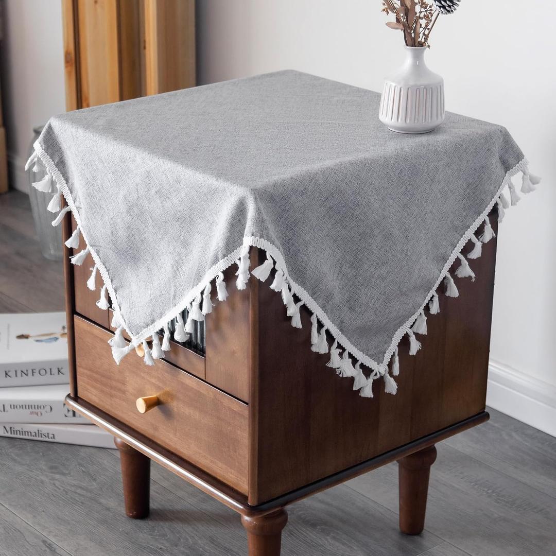 Small Square Grey Textured Tablecloth 24 x 24 Inch Farmhouse Polyester Wrinkle Free Table Cloth with Tassels Washable Decorative Burlap Fabric Table Cover for End Tables, Wedding and Party