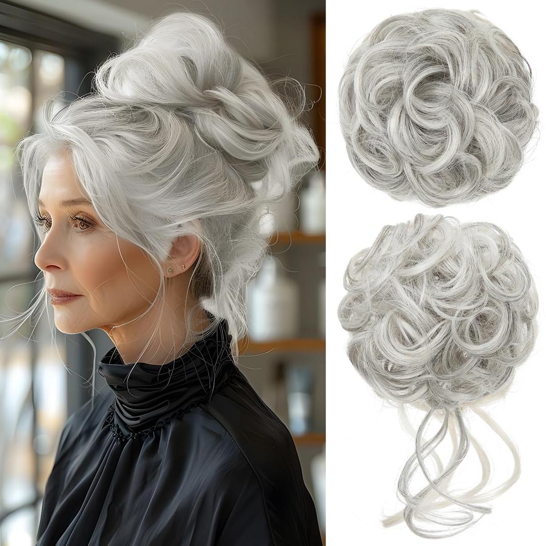 CJL HAIR 2PCS Messy Bun Hair Pieces Wavy Curly Synthetic Updo Chignon Fake Scrunchies Ponytail Extension for Women Grey Multi