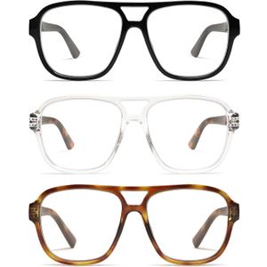 AMOMOMA 3 Pack Oversized Aviator Spring Hinge Reading Glasses for Women Men,Retro Blue Light Computer Reader Frame AM6081 (C1.black+c2.crystal+c3.yellow Tortoise)