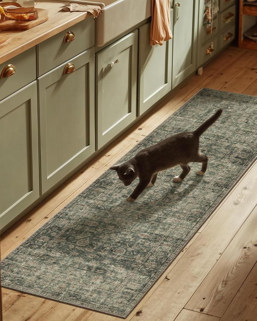 Machine Washable Rug Runners for Hallways: 2'6"x8' Kitchen Rugs Stain Resistant Non Slip Low Pile Soft Boho Carpet Runners for Hallways Bedroom Entryway Indoor Beside Bathroom Laundry Room (Dark Green)