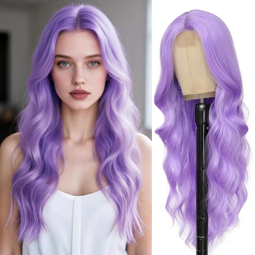 Long Purple Wavy Wig for Women 26 Inch Light Purple Middle Part Curly Synthetic Hair Wig Natural Look Heat Resistant Fiber for Daily Party Use