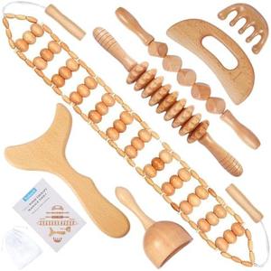7-in-1 Wood Therapy Massage Tools Lymphatic Drainage Massager for Muscle Pain Relief | Maderoterapia Kit Body Sculpting Tools for Anti-Cellulite, Body Shaping