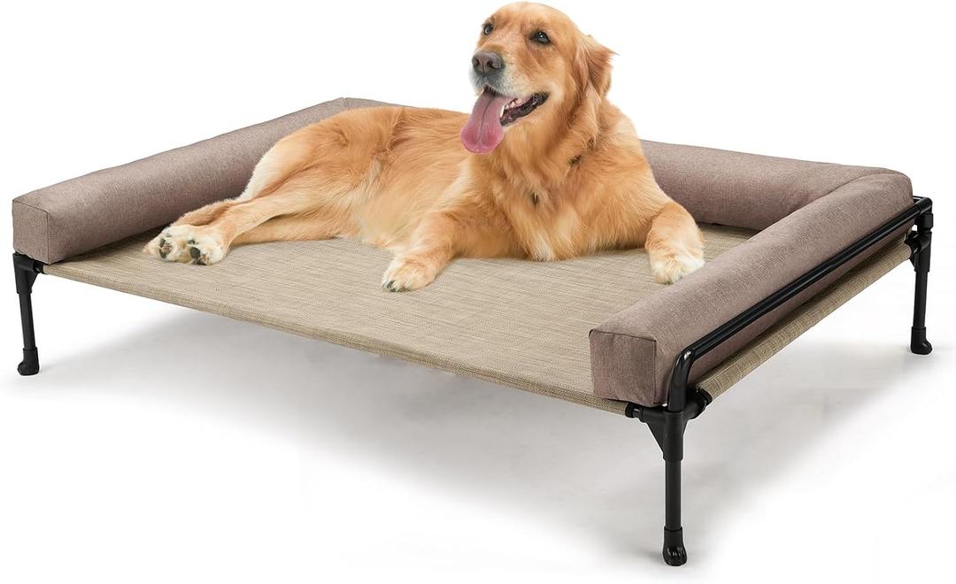Veehoo Elevated Raised Dog Bed-Cooling Outdoor Dog Cot Bed for XLarge Sized Dogs Three-Sided Fence Raised Pet Cot with Mesh & No-Slip Feet Dog Hammock Bed with Removable Bolster-41 x 27" Beige Coffee