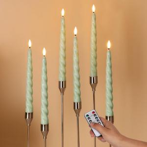 Spiral Flameless Taper Candles with Remote, Sage Green Candles Battery Operated, Flickering LED Wax Candlesticks Set of 6