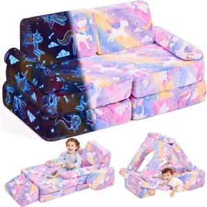 IFNOW Modular Kids Play Couch, Convertible & Washable Toddler Foam Couch Kids Sofa, Bedroom & Playroom Furniture for Children 1-5 Years, Imagination Play, Endless Builds, Glow in The Dark, Unicorn, Small