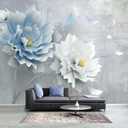 WFBHUA-Blue Floral Wallpaper Mural Modern Peony Flower Wallpaper Large 3D Art Living Room Bedroom Bathroom Wall Mural Decor (Not Peel and Stick)