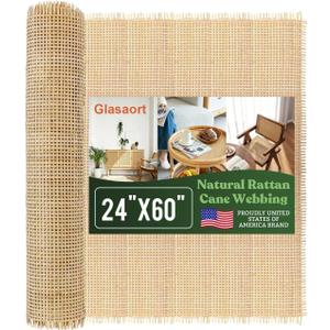 Glasaort 24" x 60" Natural Rattan Cane Webbing Roll, Cane Webbing, Rattan Fabric Roll, Chair Cane Webbing & Open Square Mesh Caning Material for DIY, Furniture Repair, Cabinets, Crafts