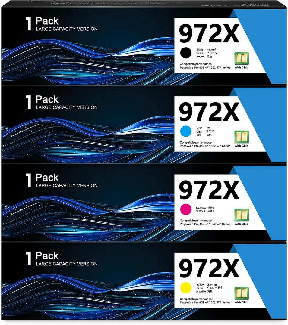 972X Ink Cartridges High Yield for PageWide Pro 452dn 452dw 452dwt 477dn 477dw 477dwt 552dw 577dw 577z Printer Ink Replacement for HP972X Ink Cartridge 972A 972X Black Cyan Magenta Yellow (4-Pack)