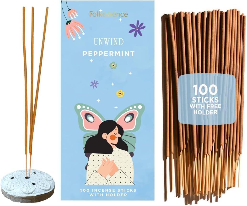 Folkulture Incense Sticks with Holder (100 Sticks)| Peppermint Incents Stick for Focus,Aromatherapy, Relaxation Gifts for Women | No Charcoal,Organic,Non Toxic, 45 Mins, Slow Burning Insence-Sticks
