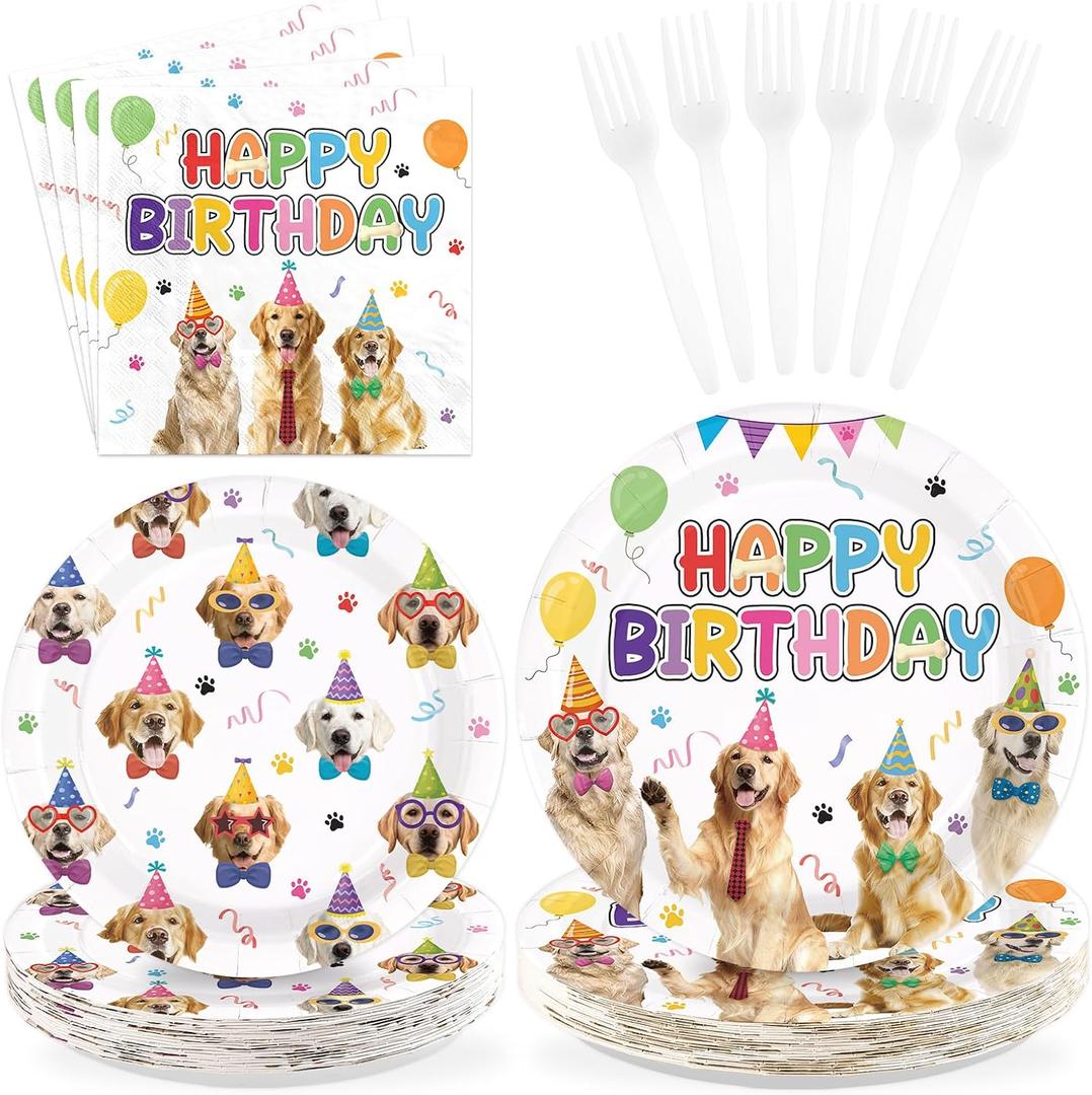 96Pcs Golden Retriever Birthday Party Decorations Puppy Dog Birthday Plates and Napkins Pet Animal Puppy Theme Disposable Paper Tableware Set for Boys Girls Pet Party Supplies Serves 24
