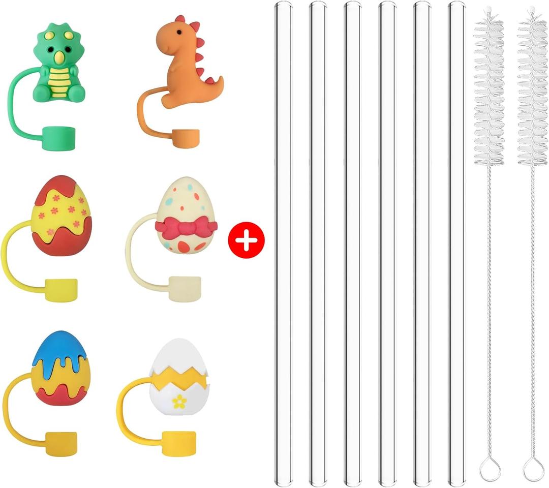 6PCS Easter Eggs Cover Cap with Reusable Glass Straws for Stanley Cup, Drinking Straws Size 11.8''x10MM with 2 Cleaning Brushes, Silicone Dinosaur Cute Straw Topper