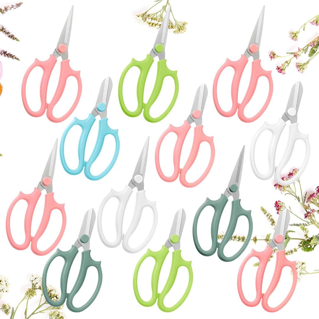 12 Pcs Gardening Tools Flower Scissors Flower Bar Supplies Pastel Rainbow Color Pruning Scissors Floral Shears Stainless Steel Garden Clippers Cutters for Branches Leaves, Gift for Women(Cute Color)