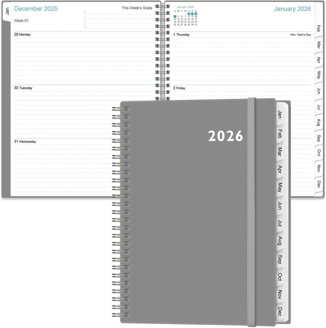 2026 Planner - Planner 2026 from January 2026 to December 2026 with 12 Monthly Tabs, Flexible Cover, Inner Pocket, 8.5" x 11", Grey-C