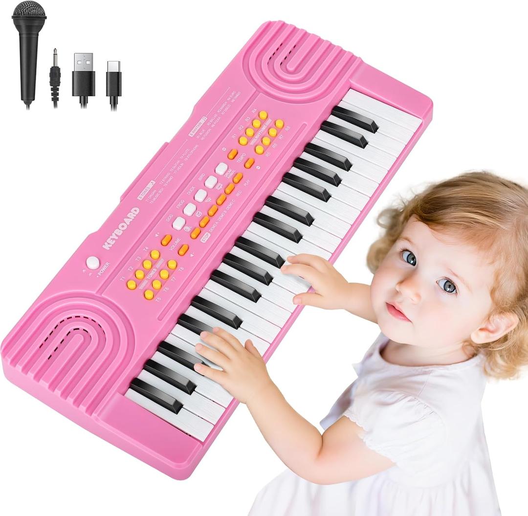 Kids Piano Keyboard Toy for 4 Year Old Girl Birthday Gift 37 Key Pink Pianos with Microphone Toddler First Music Instrument Toys for 3 4 5 6 7 Year Old Boys Girls Gifts