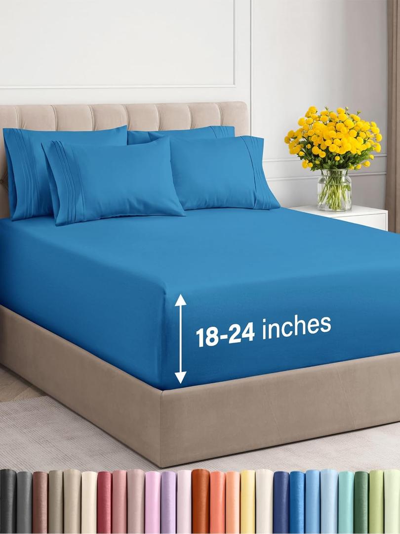 Extra Deep Cal King Sheet Set - 6 Piece Breathable & Cooling Sheets - Hotel Luxury Bedding Set w/18-24 Inch Extra Deep Pockets - Easy Fit - Super Soft, Wrinkle Free & Comfy - Denim Blue, Cal King Size