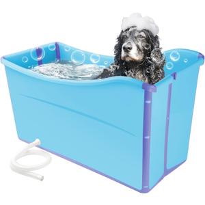 FHTONGE 49Gal/186L Collapsible Extra Large Dog Bathtub with Drainage, Thicken Portable Shower Bucket for Big Dog Indoor/Outdoor Bathing Camping, Freestanding Surround Pet Large Soaking Barrel Bule (Blue)