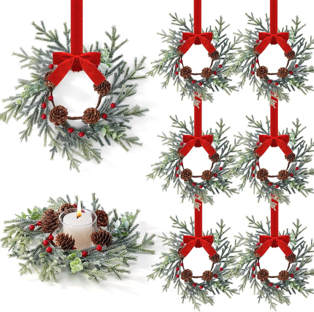 Mini Small Christmas Wreaths for Kitchen Cabinets-8pcs Christmas Candle Rings- Frosted Cedar Christmas Candle Rings Wreaths for Pillars/Window/Chair Wall Table Centerpieces Decorations 48 pcs Twig