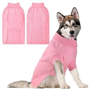 HUMLANJ Large Dog Sweater, Thermal Knitted Dog Sweater for Cold Weather, Turtleneck Long Sleeve Cable Knitwear, Large Solid Pullover Pet Sweater for Medium Large Dogs 2XL Pink