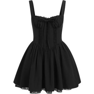 Corset Dresses for Women Spaghetti Straps Short Mini Floral Lace Bustier Dress Summer Boho Sundress (Small, Black)