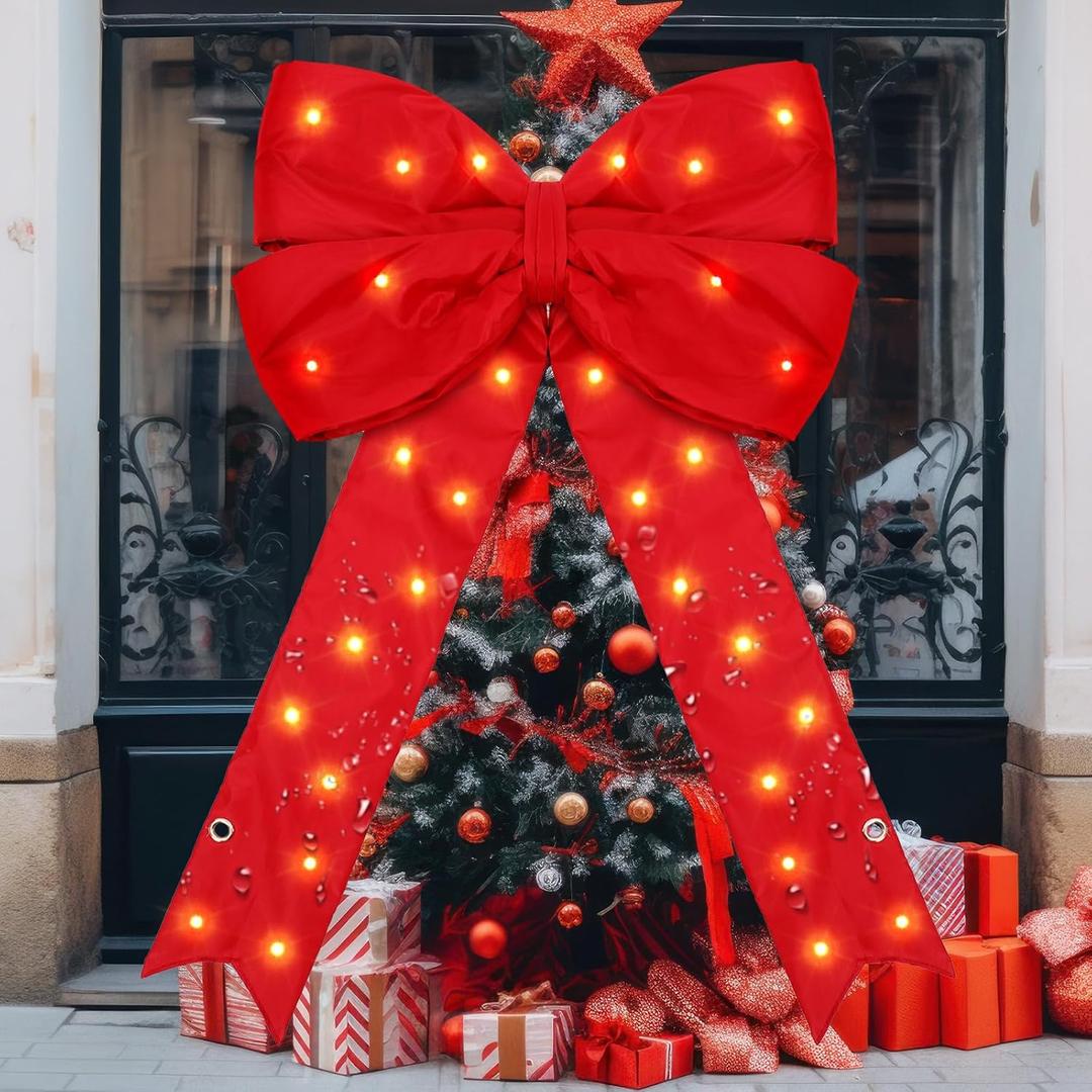 Large LED Red Christmas Bow Xmas Giant Lighted Glitter Bow Tree Topper Ornament Sparkly Christmas Bowknot for Xmas Tree Wreath Home Outdoor Front Door Holiday Decoration(Cute,24 x 36 Inch)