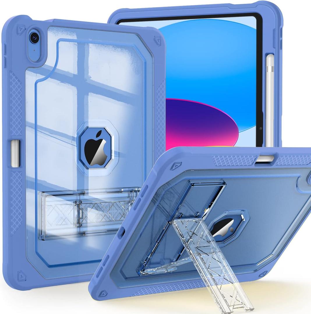 ZoneFoker Case for iPad 11-inch (A16) 2025 / iPad 10th Gen 10.9 inch 2022, Heavy Duty Shockproof Rugged Protective with Pencil Holder, 11th / 10th Translucent Cover with Kickstand, Blue (#8 BLUE+CLEAR)