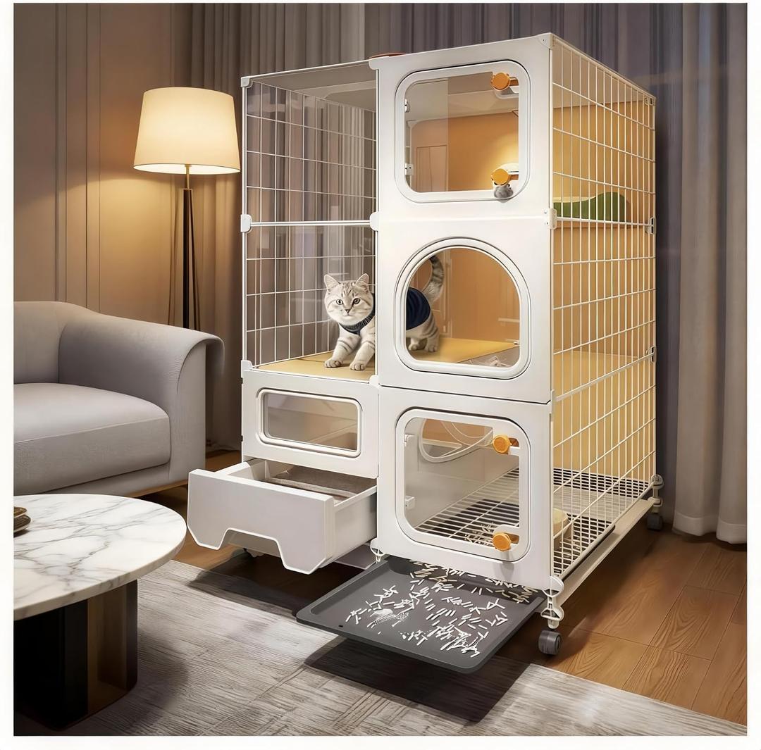 cat cage Indoor with Litter Box, Complimentary Bed, Bowl,Cleaning Three Piece Set,Large cat Enclosure, Cat House with Wheels Outdoor,Small Animal Cage cat Kennel (28″(L) x18.1″(W) x46.1″(H)