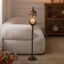 Vintage Floor Candelabra - 37.1" Tall Antique Gold Candle Holder with Glass Lantern, Rustic Gothic Metal Pillar Stand for Home Decor, Wedding & Event Centerpiece