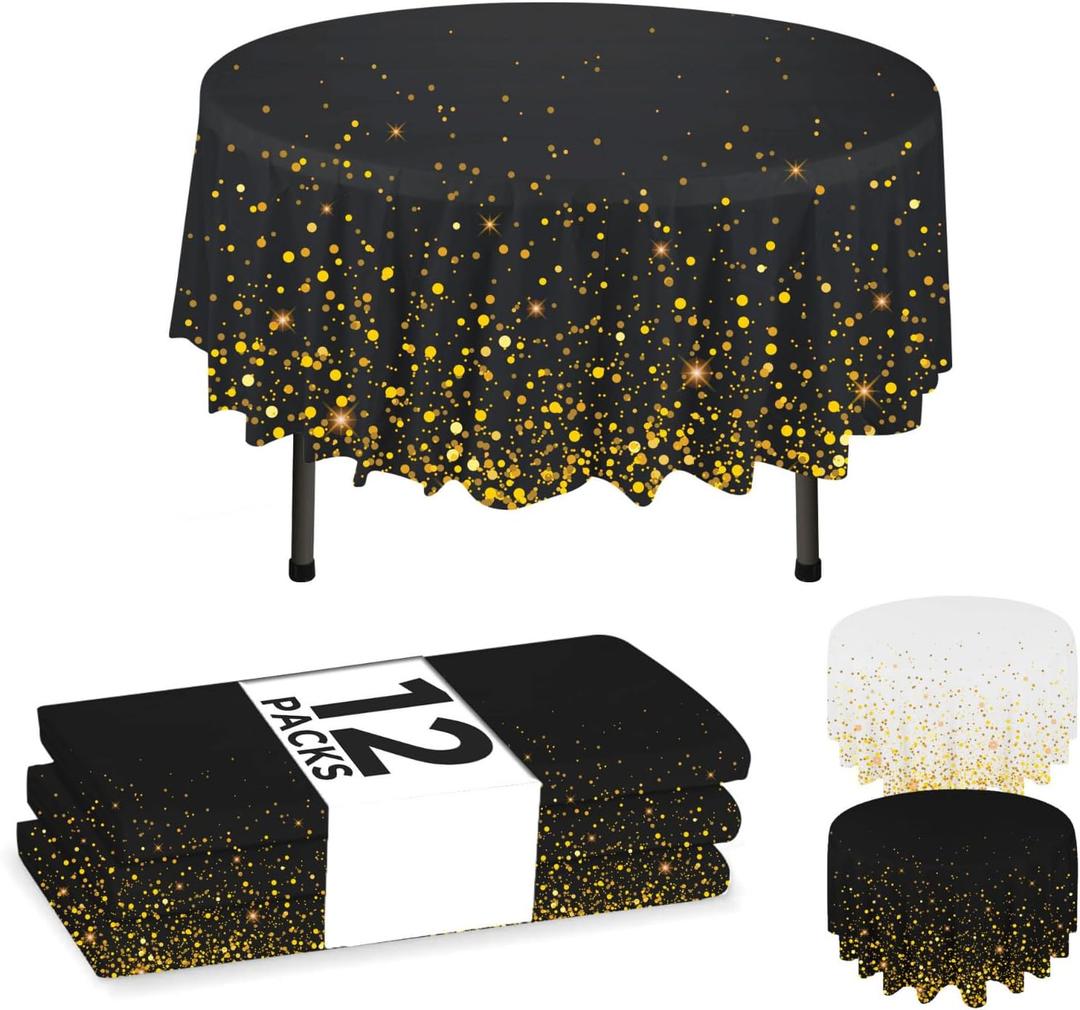 NORZEE 12-Pack Black Disposable Tablecloths, 84" Round Table Cover, Plastic Tablecloth With Gold CONFETY