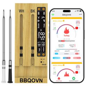 BBQOVN WiFi Sub-1G Wireless Meat Thermometer Unlimited Range 7 NIST Certified Sensors with Ambient Temp 2 Temp Monitoring Ways Digital Smart Base and App for BBQ, Smoker, Grill, Oven (2, black, small)