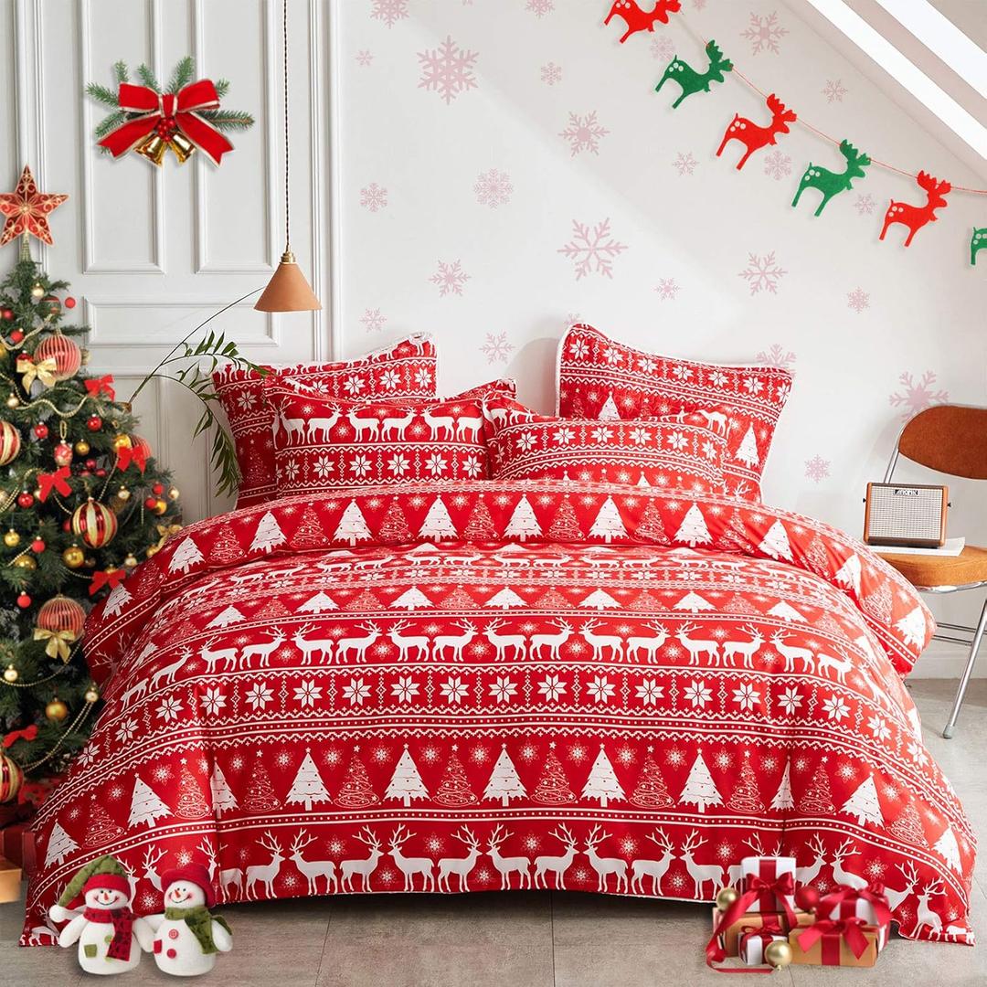 Joyreap 3 Pieces Christmas Duvet Cover Set, Red and White Reindeer Snowflake and Tree Pattern, Soft Breathable Microfiber for All Season, 1 Duvet Cover and 2 Pillow Shams (Twin, 68x90 inches)