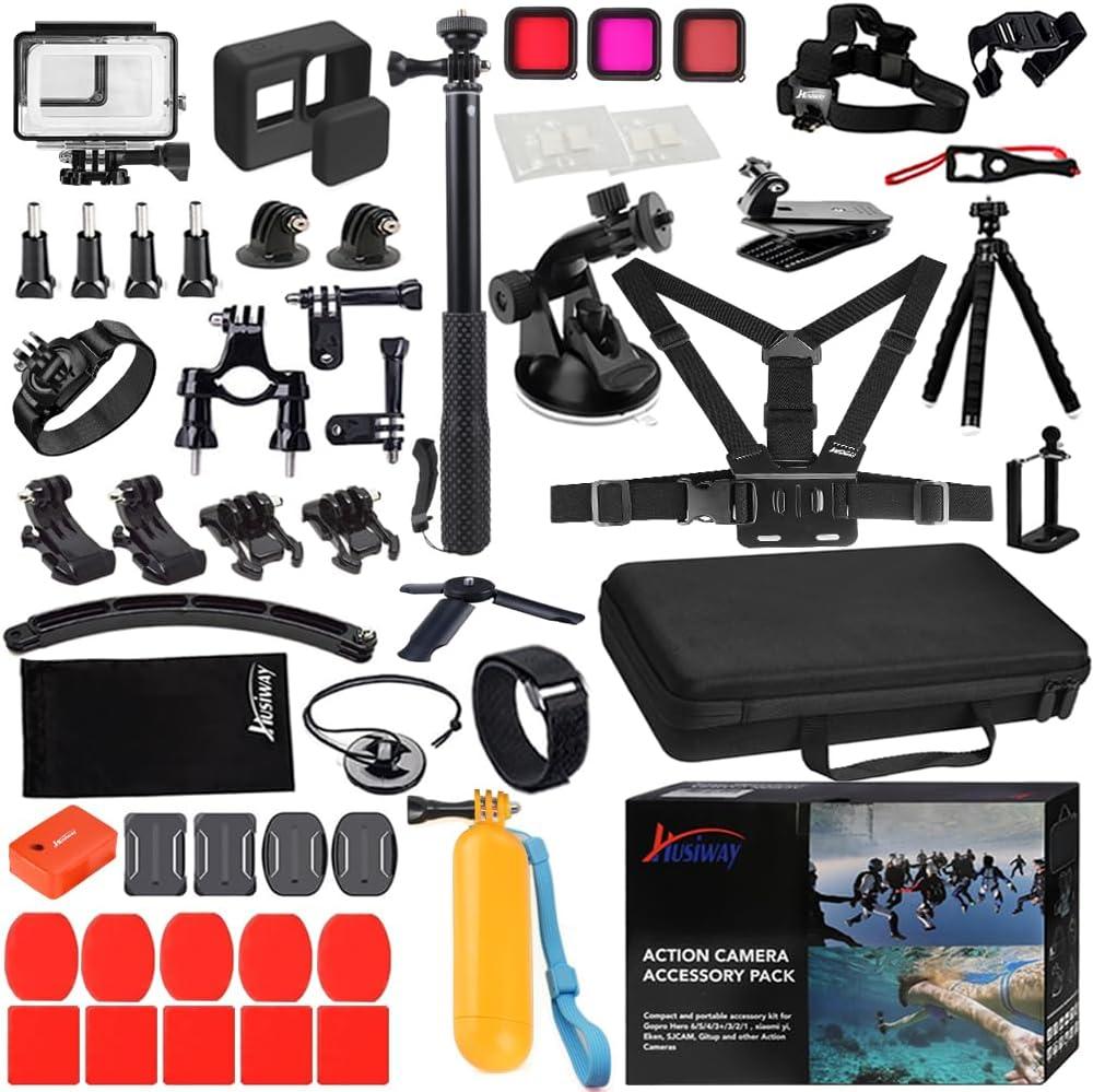 Husiway 68-in-1 Accessory Kit for GoPro Hero 7 6 5 Black GoPro7 Action Camera Filter Frame Waterproof Housing Case Bundle 60A
