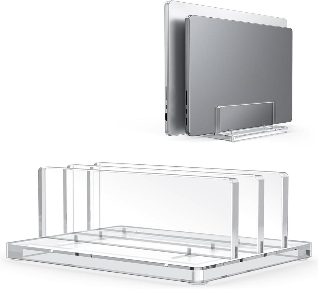 OMOTON Vertical Laptop Stand for Desk, Acrylic Dual Laptop Holder Desktop Clear Adjustable Dock for MacBook Pro Air, HP, All Gaming Laptops up to 17