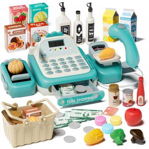 STACTCUTE 49Pcs Cash Register Toy Set for Kids, Pretend Play Grocery Store Cashier Playset with Conveyor Belt, Scanner, Weighing Scale, Calculator & Microphone, Toys Gift for Toddlers Ages 3-8 (Green)