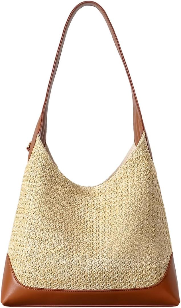 Straw Tote Bags for Women, Summer Woven Slouchy Straw Purses Shoulder Hobo Raffia Purses Beach Bag for Vacation