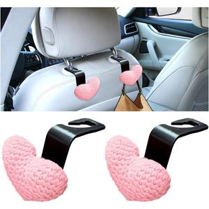 2PCS Car Headrest Hook, Cute Wool Heart Vehicle Seat Hangers for Umbrellas Grocery Bags, Automotive Interior Backseat Storage Organizer Hook, Universal for SUV, Sedan, Truck (Pink)