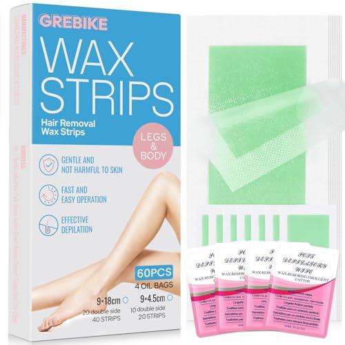 GREBIKE 60PCS Wax Strips for Hair Removal - Body & Facial Hair Removal for Women-Waxing Kit for Women, Face, Body, Arms, Legs, Chest, Back, Bikini/Brazilian Waxing Strips & 12Calming Oil Wipes