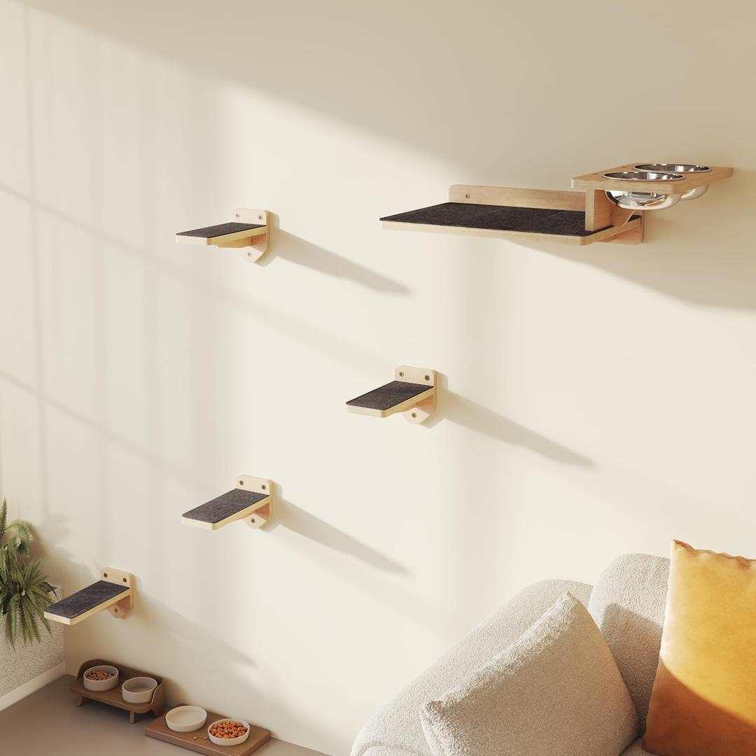 MeowHomm Cat Wall Shelves, Wood Cat Feeding Shelf with 4 Non-Slip Steps, 2 Food Bowls, Wall-Mounted Furniture for Kittens