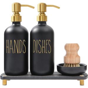 MOMEEMO Soap Dispenser Set Comes with Stainless Pumps, Instant Dry Tray, and Dish Scrub Brush, Suitable for Black and Gold Kitchen Decor. (Black & Gold)