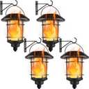 Dynaming 4 Pack Solar Flame Wall Lanterns Outdoor, Solar Powered Wall Mounted Sconce Lights, Flickering Flame LED Light Auto On/Off Hanging Lights, Waterproof for Garage Stair Patio Porch Yard (Warm White)