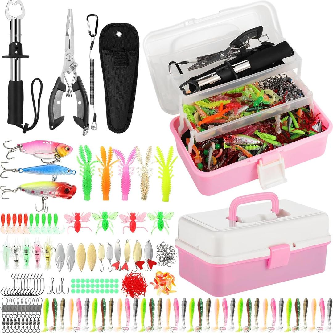 3 Layers Fishing Tackle Box 414 Pcs Fishing Lures Kit with Tackle Included, Pliers, Lip Gripper, Soft Baits, Hooks & Accessories Bait Lure Gear Gift for Beginners Women Men(Pink)