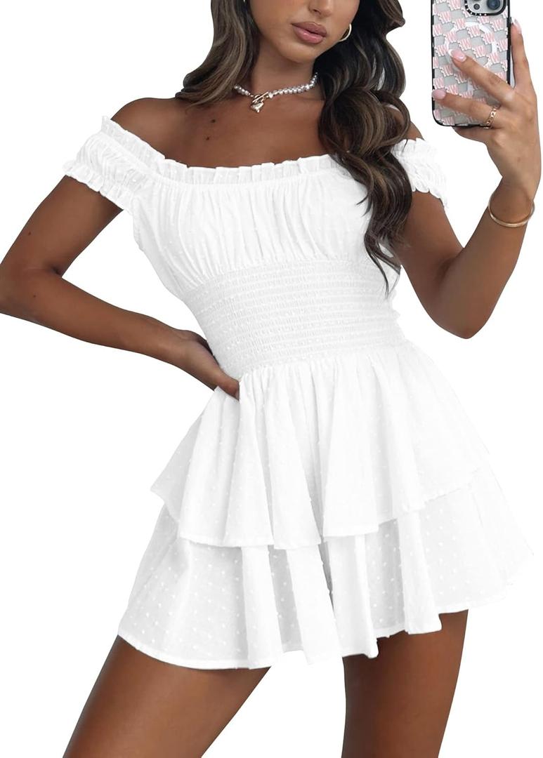 Bingerlily Womens Summer Off Shoulder Mini Dress Cute Chiffon Slim Fit Dresses (Small, White)