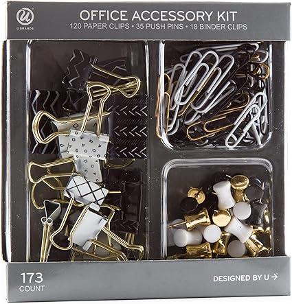 Office Accessory Kit, Office Supplies, Black and White with Gold, Push Pins, Paper and Binder Clips, 173 Count