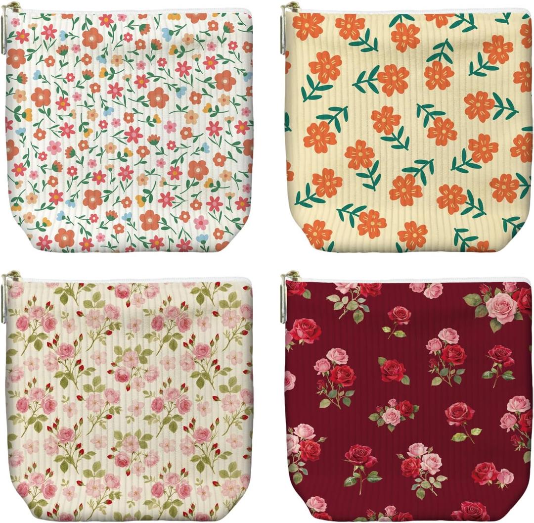 peacoblue Flowers Branch Small Corduroy Cosmetic Makeup Bag Set of 4 for Women with Zipper, Cute Mini Travel Pouch, Portable Cosmetic Toiletry Bag Pouches for Organizing Purse
