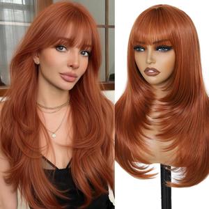 Long Layered Ginger Wig with Bangs for Women 26Inch,Realistic Scalp, Heat Resistant Synthetic Wig, Natural Looking Ginger Orange Wigs for Daily Wear & Part