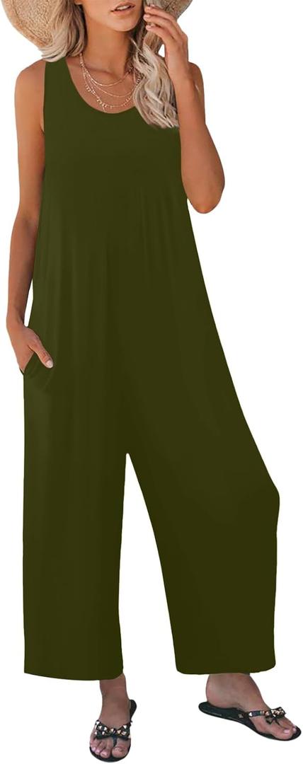 Women's Summer Casual Loose Tank Jumpsuit Sleeveless Crewneck Long Pants Jumpsuit Romper with Pockets (Medium, Army Green)