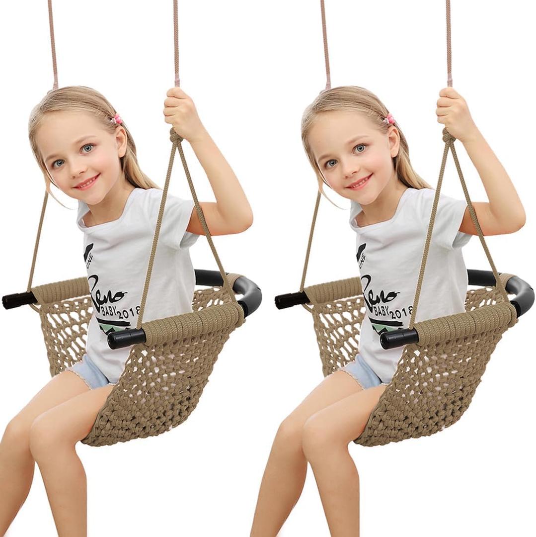 Hand-Knitting Toddler Swing, Swing Seat for Kids with Adjustable Ropes, Little tikes Swings Set, for Outdoor Indoor, Playground, Backyard (Brown-2 Pack)