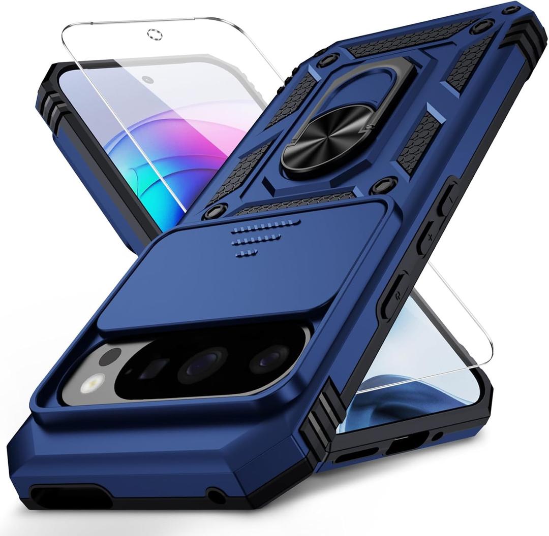 2 x for Google Pixel 9 Pro XL Case with Camera Lens Cover, HD Screen Protector, 10 FT Military Grade Drop Protection, Magnetic Ring Holder Kickstand Protective Phone Case, Navy Blue
